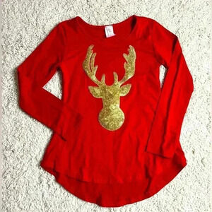 GIRLS SIZE 8 BEAUTIFUL RED CHRISTMAS TOO WITH GOLD SEQUENCE DEER HEAD GUC